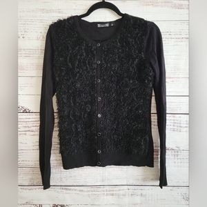 7th Avenue Design S ruffle front black cardigan